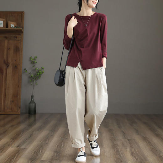 雀说时尚五色五码女装显瘦长袖皱褶开叉女装T恤打底衫上衣ALC025-601 商品图2