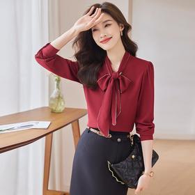 娜璐多 法式蝴蝶结系带雪纺长袖衬衫女时尚打底衫职业OL百搭飘带气质衬衣
