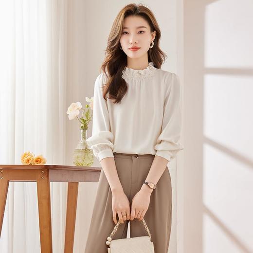 娜璐多 洋气减龄蓝色断面衬衣女2023早秋新款高级感花朵珍珠上衣法式复古 商品图1