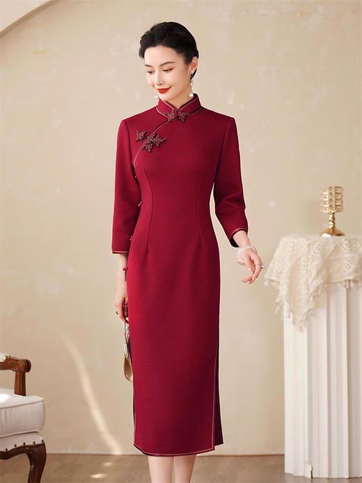 HQ-229亮丝澳毛旗袍秋冬2024新款七分袖新中式婚宴连衣裙优雅 商品图3