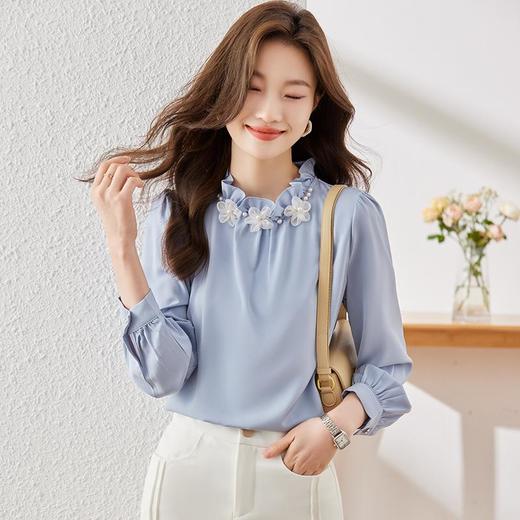 娜璐多 洋气减龄蓝色断面衬衣女2023早秋新款高级感花朵珍珠上衣法式复古 商品图0