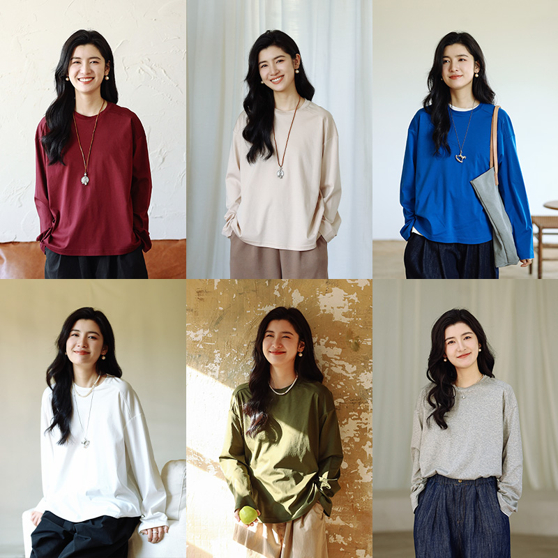 绽放713朵/666T恤匹马棉丝光工艺百搭打底衫圆领宽松减龄多色长袖