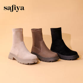 Safiya/索菲娅 2023冬季英伦风粗跟圆头弹力中筒厚底绒面短靴 SF34116048