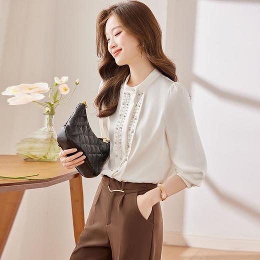 娜璐多 今年流行气质橙色缎面衬衫女2023早秋新款休闲百搭时尚珍珠衬衣女 商品图3