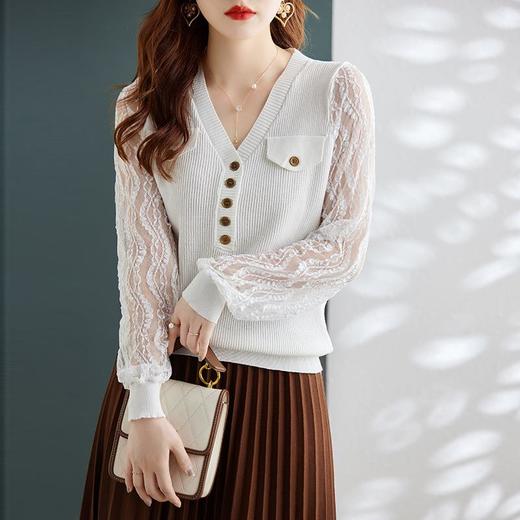娜璐多 春秋新款设计感小众时尚气质内搭蕾丝拼接长袖针织衫百搭上衣女 商品图1