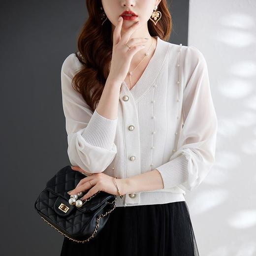 娜璐多 钉珠长袖针织衫温柔风2023早秋新款时尚气质雪纺上衣女拼接内搭 商品图0