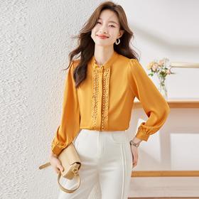 娜璐多 今年流行气质橙色缎面衬衫女2023早秋新款休闲百搭时尚珍珠衬衣女