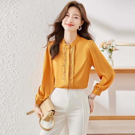 娜璐多 今年流行气质橙色缎面衬衫女2023早秋新款休闲百搭时尚珍珠衬衣女 商品图0