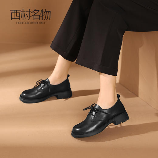 西村名物2023秋季新款女士真皮英伦系带乐福鞋小皮鞋厚底增高黑色T23CM34431 商品图2