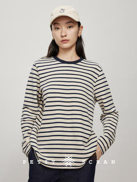 扬帆 亚麻棉条纹针织长袖T恤/海魂衫