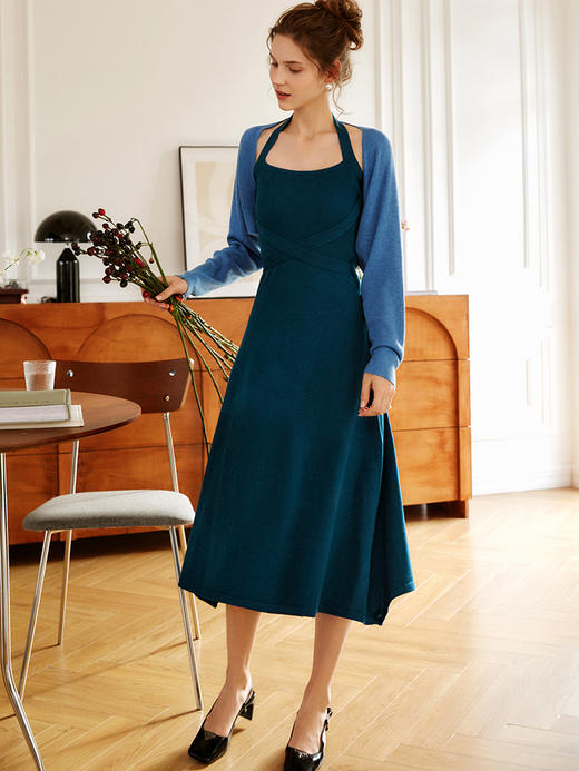 OLrain欧芮儿法式蓝色时尚套装女秋季2022新款开衫连衣裙两件套 商品图3