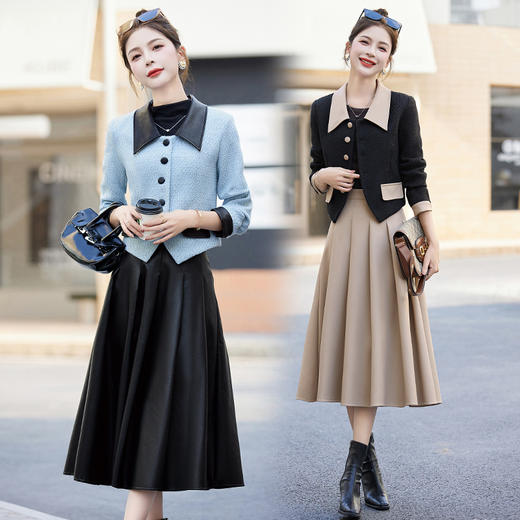 HRWY33329小香风套装裙秋装女2023秋上新气质时尚拼接撞色高级感两件套裙 商品图3