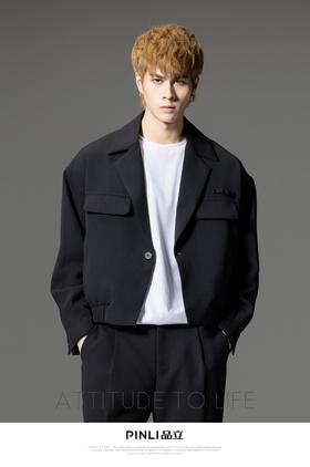 PINLI品立秋冬新品西装领休闲夹克男士纯色潮牌短款茄克外套B252104051