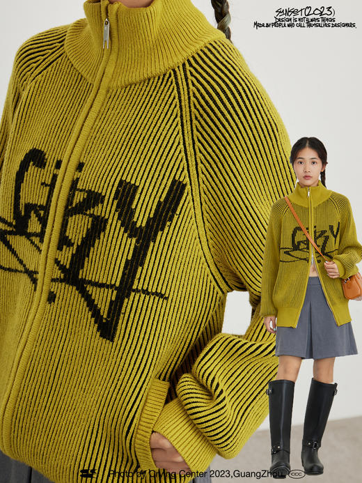 CryingCenter手写体坑条纹理双开头针织毛衣外套休闲日常通勤保暖 商品图3