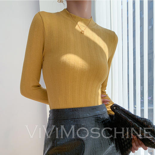 MIYABI发热纤维条纹款半高领女打底衫2023春秋新款小众设计外穿时尚百搭针织衫 商品图0