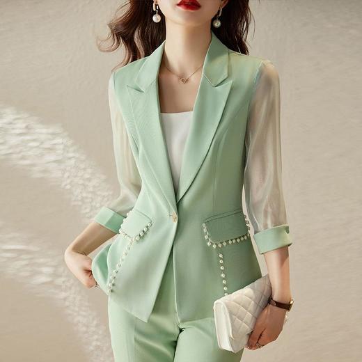 娜璐多 绿色西装套装女七分袖夏季薄款高级感通勤装气质女神范休闲小西服 商品图0
