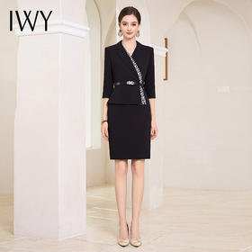 IWY/气质黑色西装连衣裙女初秋款七分袖绑带包臀裙售楼部工作服Q994