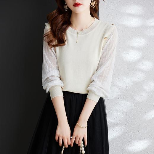 娜璐多 蕾丝拼接针织衫女早秋新款2023时尚气质内搭打底上衣女设计感小众 商品图1