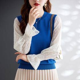 娜璐多 2023秋季新款设计感时尚气质蕾丝长袖拼接撞色针织衫上衣女温柔风