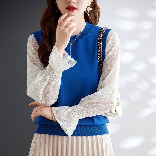 娜璐多 2023秋季新款设计感时尚气质蕾丝长袖拼接撞色针织衫上衣女温柔风 商品图0