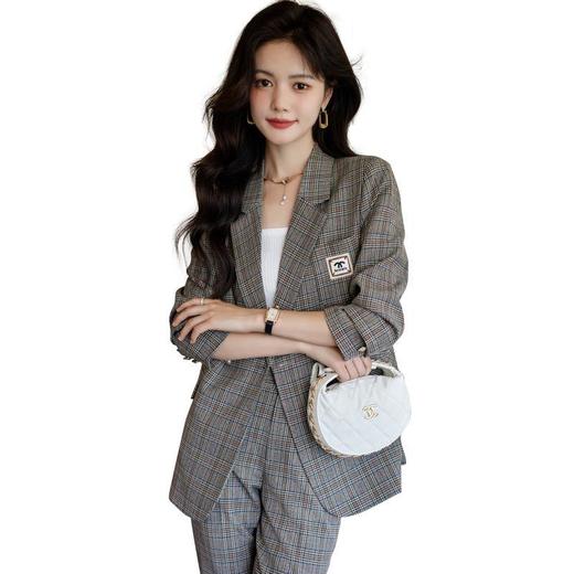 娜璐多 复古格纹小西服+长裤两件套2023御姐炸街独特套装女休闲通勤漂亮 商品图4