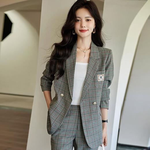 娜璐多 复古格纹小西服+长裤两件套2023御姐炸街独特套装女休闲通勤漂亮 商品图2