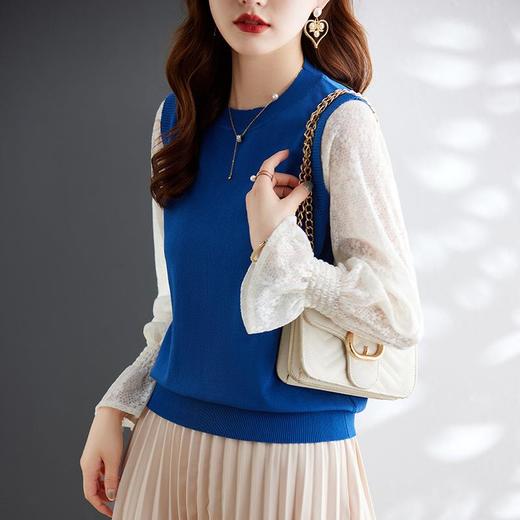 娜璐多 2023秋季新款设计感时尚气质蕾丝长袖拼接撞色针织衫上衣女温柔风 商品图2