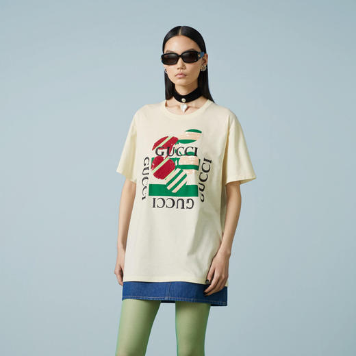 GUCCI 古驰 女士徽标印花针织棉质圆领短袖T恤 米白色 717422 XJFV5 9026 商品图1