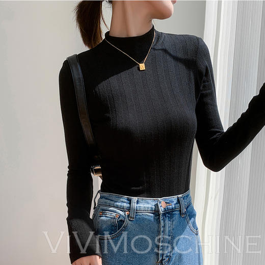 MIYABI发热纤维条纹款半高领女打底衫2023春秋新款小众设计外穿时尚百搭针织衫 商品图1