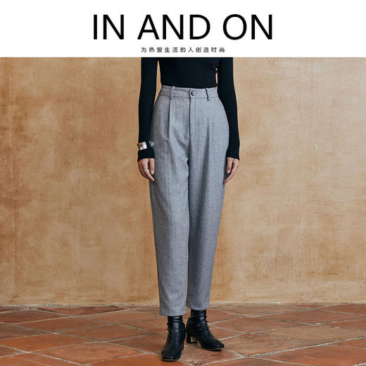 IN AND ON羊毛人字纹显瘦锥形裤女时尚保暖百搭通勤休闲长裤22749 商品图0