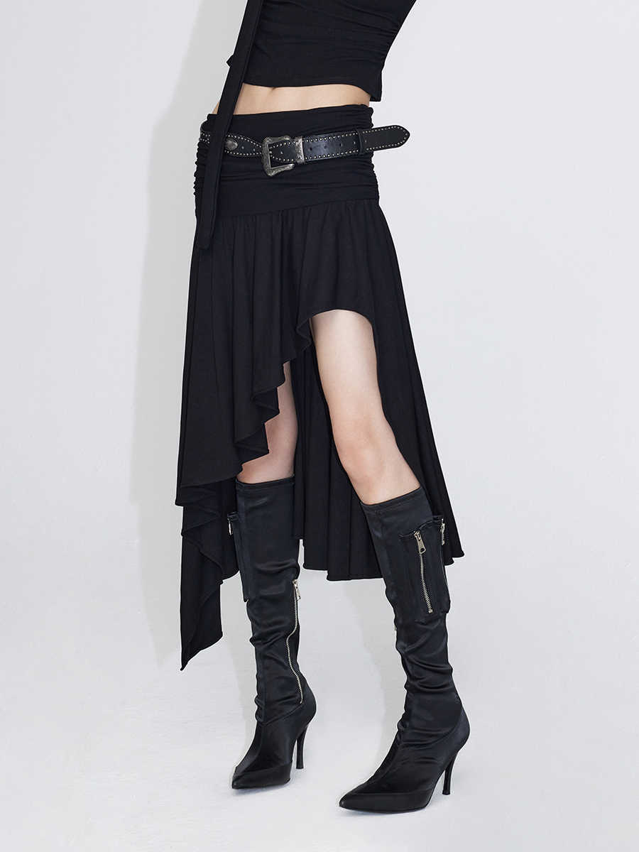 ourhour 不规则下摆 黑色宽腰褶皱斜边半身裙