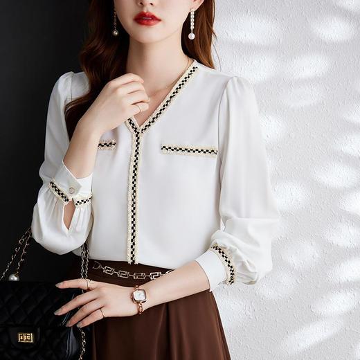 娜璐多 2023年春秋衬衣打底衫女百搭衬衫小香风V领时尚新潮别致显 商品图1