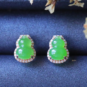 18K玫瑰金和田玉（碧玉）葫芦满钻耳饰/单面葫芦6*8mm/苹果绿