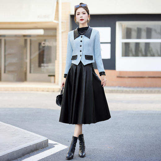 HRWY33329小香风套装裙秋装女2023秋上新气质时尚拼接撞色高级感两件套裙 商品图0
