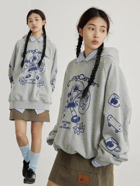 CryingCenter 手绘泪仔花灰色卫衣趣味休闲宽松百搭 哭喊中心