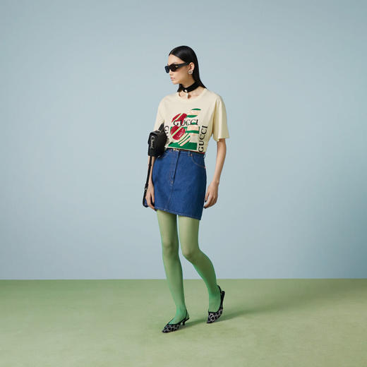 GUCCI 古驰 女士徽标印花针织棉质圆领短袖T恤 米白色 717422 XJFV5 9026 商品图3