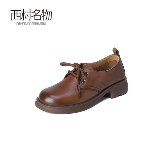 西村名物2023秋季新款女士真皮英伦系带乐福鞋小皮鞋厚底增高黑色T23CM34431 商品图3