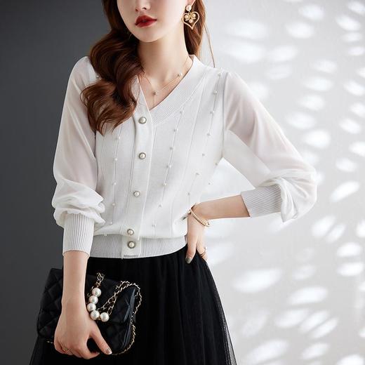 娜璐多 钉珠长袖针织衫温柔风2023早秋新款时尚气质雪纺上衣女拼接内搭 商品图2