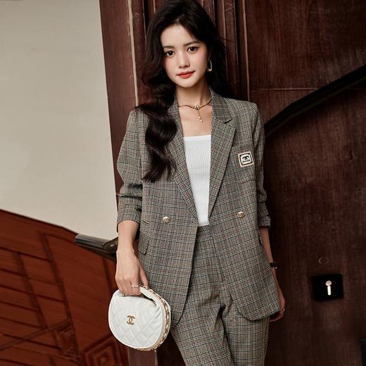 娜璐多 复古格纹小西服+长裤两件套2023御姐炸街独特套装女休闲通勤漂亮 商品图3