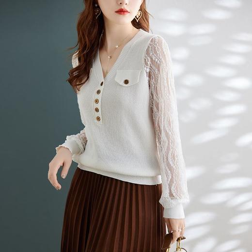 娜璐多 春秋新款设计感小众时尚气质内搭蕾丝拼接长袖针织衫百搭上衣女 商品图2
