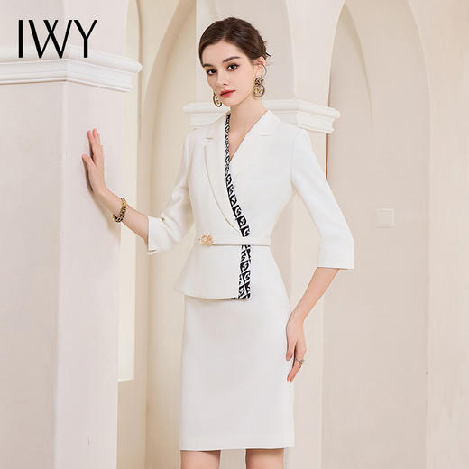 IWY/高级感白色连衣裙假两件西装工作服秋季新款收腰七分袖职业裙Q994 商品图1