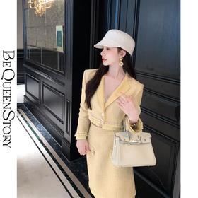 BeQueenStory【日落金箔】气质赫本风羊毛金丝编织水钻珠链香风套装