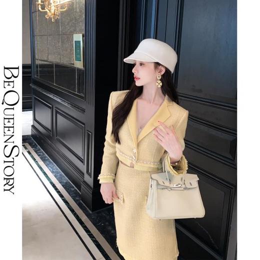 BeQueenStory【日落金箔】气质赫本风羊毛金丝编织水钻珠链香风套装 商品图0