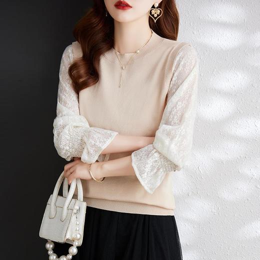 娜璐多 2023秋季新款设计感时尚气质蕾丝长袖拼接撞色针织衫上衣女温柔风 商品图3