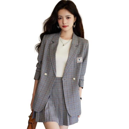 娜璐多 格子小西服外套+百褶裙两件套女2023秋新款炸街独特学院风休闲女 商品图4