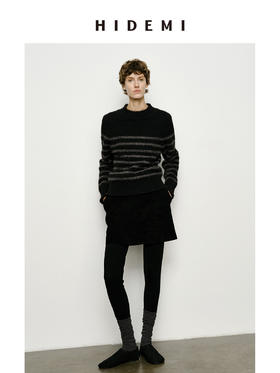 HIDEMI 条纹厚款粗针卷边毛衣 棕蓝/黑灰