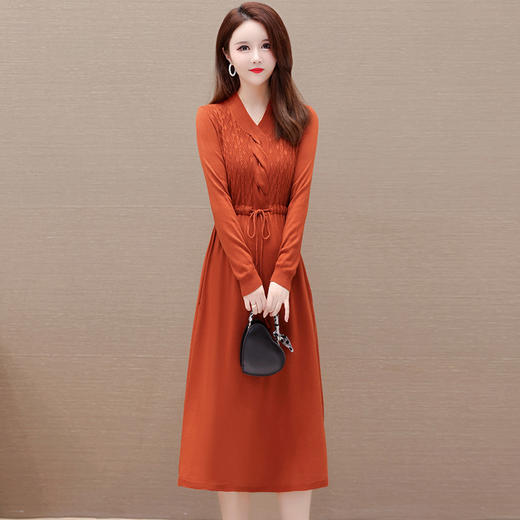 秋季新款，针织裙拼结假两件中长裙长袖A字裙纯色连衣裙QYM-XY-23LX521-Y 商品图8