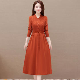 秋季新款，针织裙拼结假两件中长裙长袖A字裙纯色连衣裙QYM-XY-23LX521-Y