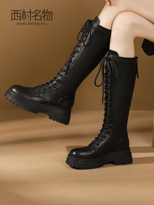 西村名物2023秋季新品系带长筒骑士靴不过膝长靴粗腿厚底女T23DQ45821 商品图2