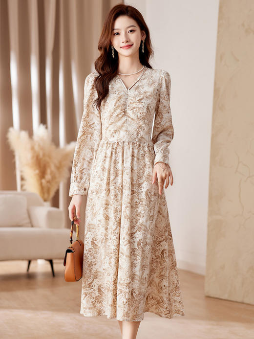 HR-WA23759秋季上新气质时尚优雅温柔风系带印花收腰显瘦高腰A字连衣裙 商品图3